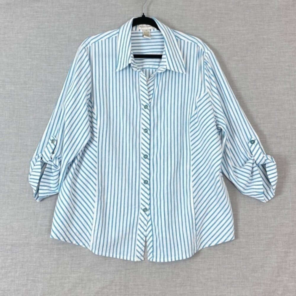 Drapers & Damon Top Womens 2X Button Up Roll Tab Sleeves Striped Blue Textured